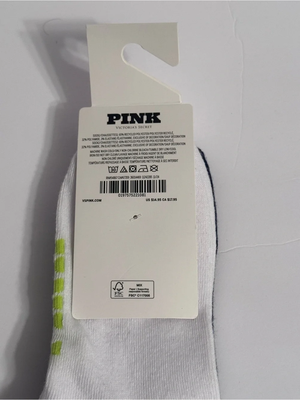 PINK Victoria's Secret Navy & White Quarter Socks with Blue Lime Stripes 2 Pack - Picture 7 of 7